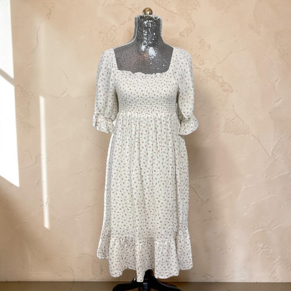 Cottagecore Smocked Puff Sleeve Floral Ruffle Hem Midi Dress Small Garden Party